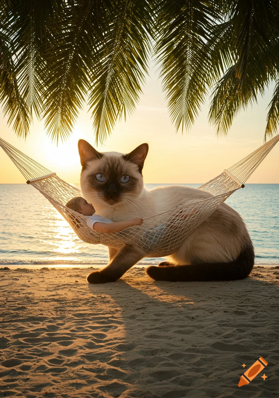A giant Siamese cat sits on a beach at sunset, with a tiny person relaxing in a hammock next to it. Photorealistic.