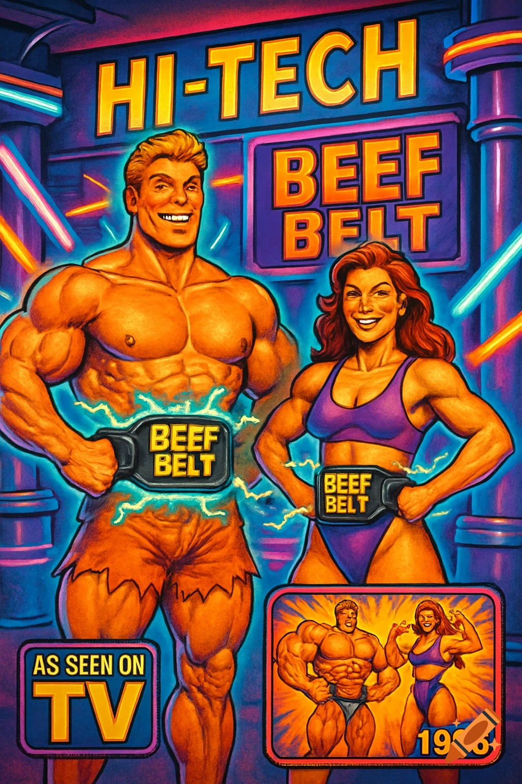 A colorful, retro-style infomercial advertisement for "HI-TECH BEEF BELT" featuring a muscular man and woman. It includes "AS SEEN ON TV" and "1996".