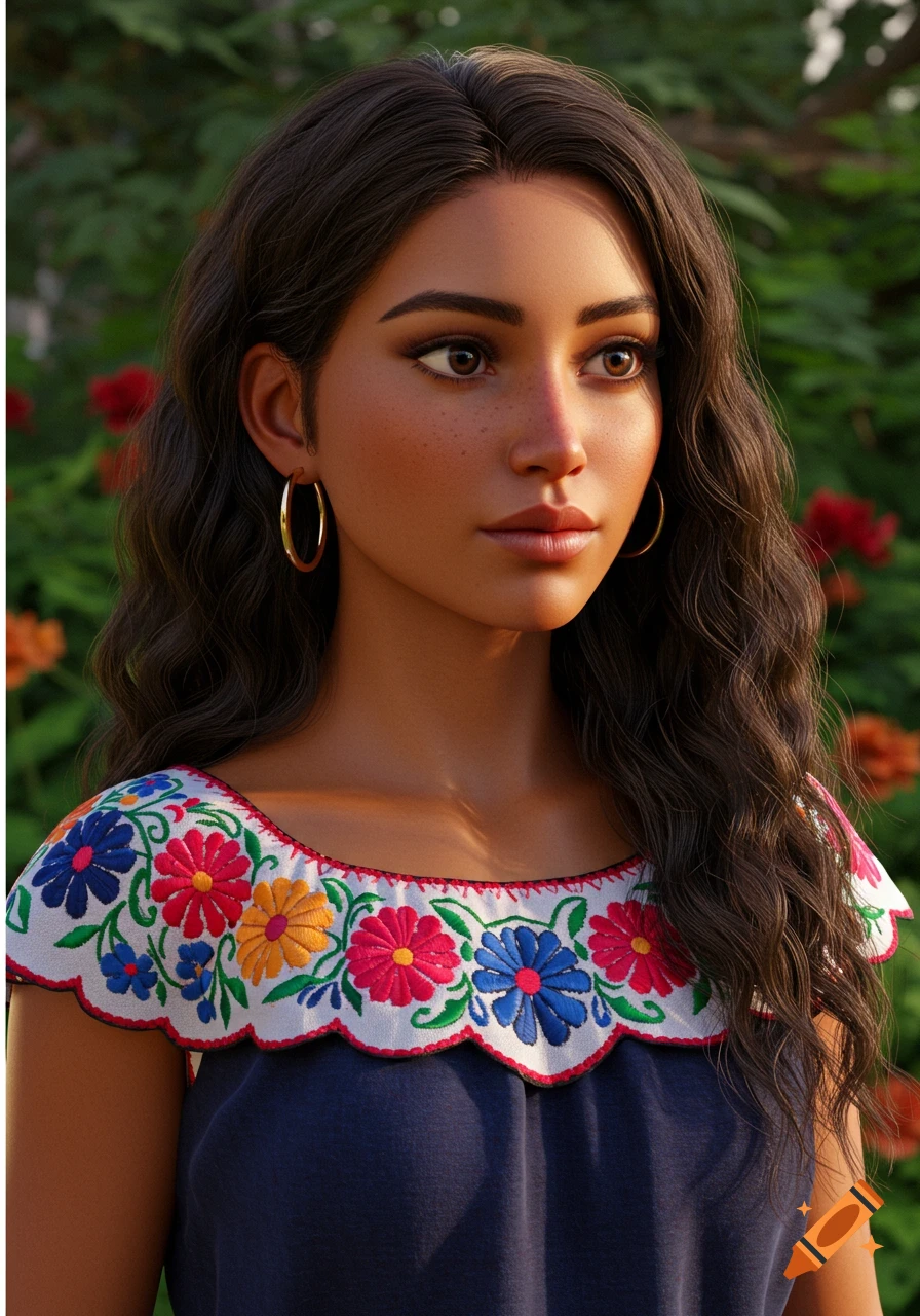 A realistic portrait of a young woman with long dark hair and freckles, wearing a floral embroidered top, against a blurred green background.