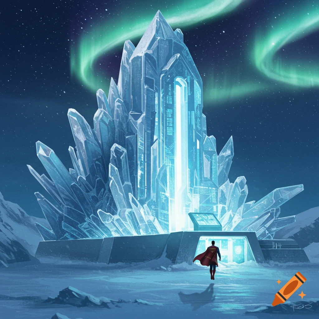 Superman approaches a glowing crystal fortress of solitude under a starry night sky with aurora borealis.