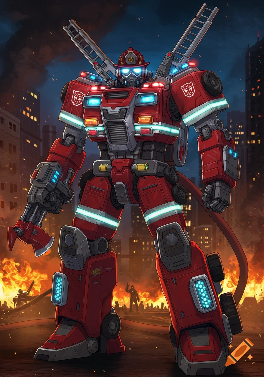 A large red and grey robot resembling a firefighter, with glowing blue lights and ladders on its back, stands amidst a city engulfed in flames and smoke.