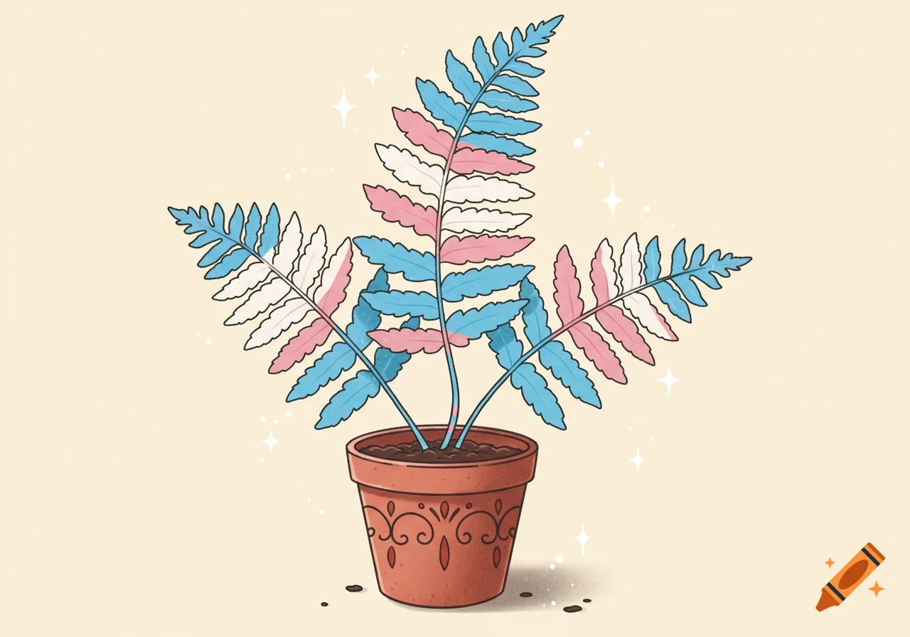 Illustration of a potted fern with leaves in the blue, pink, and white colors of the transgender flag. The pot has a decorative design.