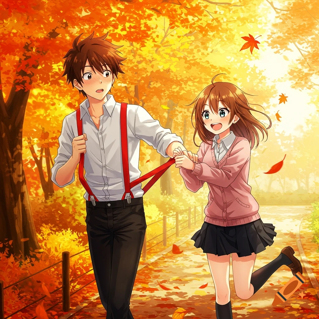An anime high school couple runs through an autumn park. The girl pulls the  blushing guy's red suspenders. on Craiyon, image size:1024x1024