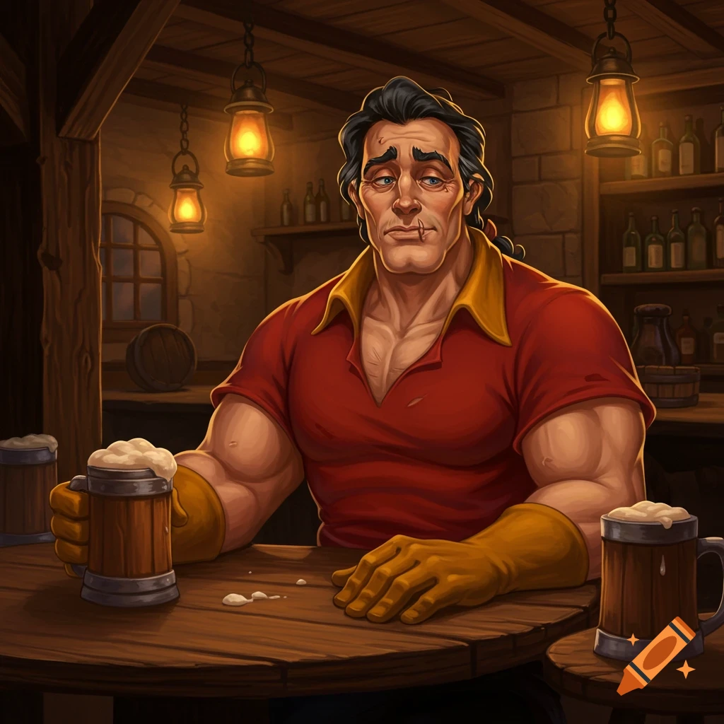 Gaston from Beauty and the Beast, looking sad and worn, sits at a wooden bar table holding a mug of beer in a dimly lit tavern.