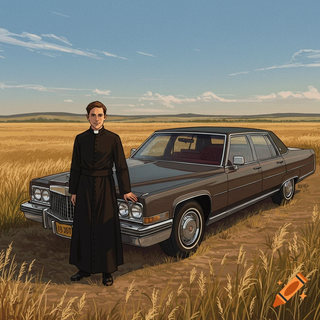 A young priest stands next to a vintage brown Cadillac in a golden field under a blue sky, in an illustrative style.