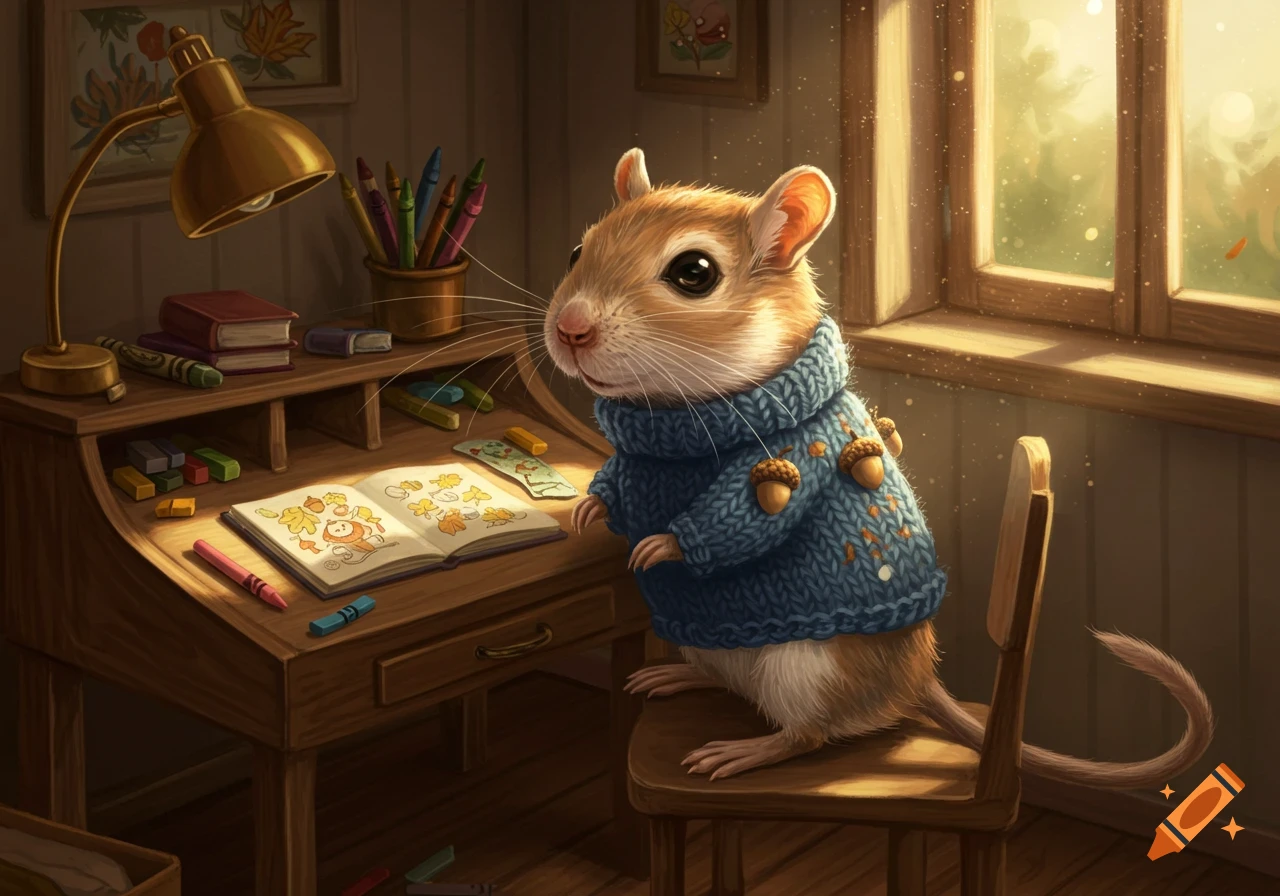 A cute gerbil in a blue sweater sits at a wooden desk, drawing in a book, with a lamp and sunny window.