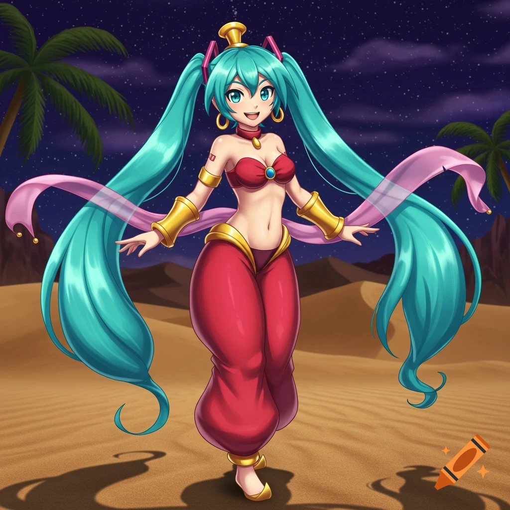 An anime-style Hatsune Miku, dressed in Shantae's red genie outfit with gold jewelry and a pink scarf, stands in a desert at night with palm trees.