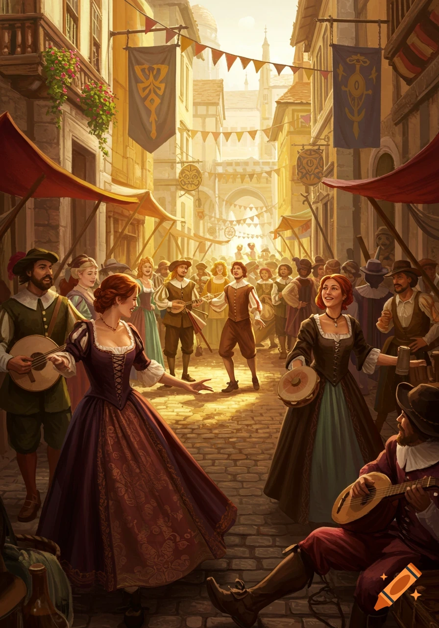 Vibrant illustration of a Renaissance festival street scene with people in period costumes dancing and playing music.
