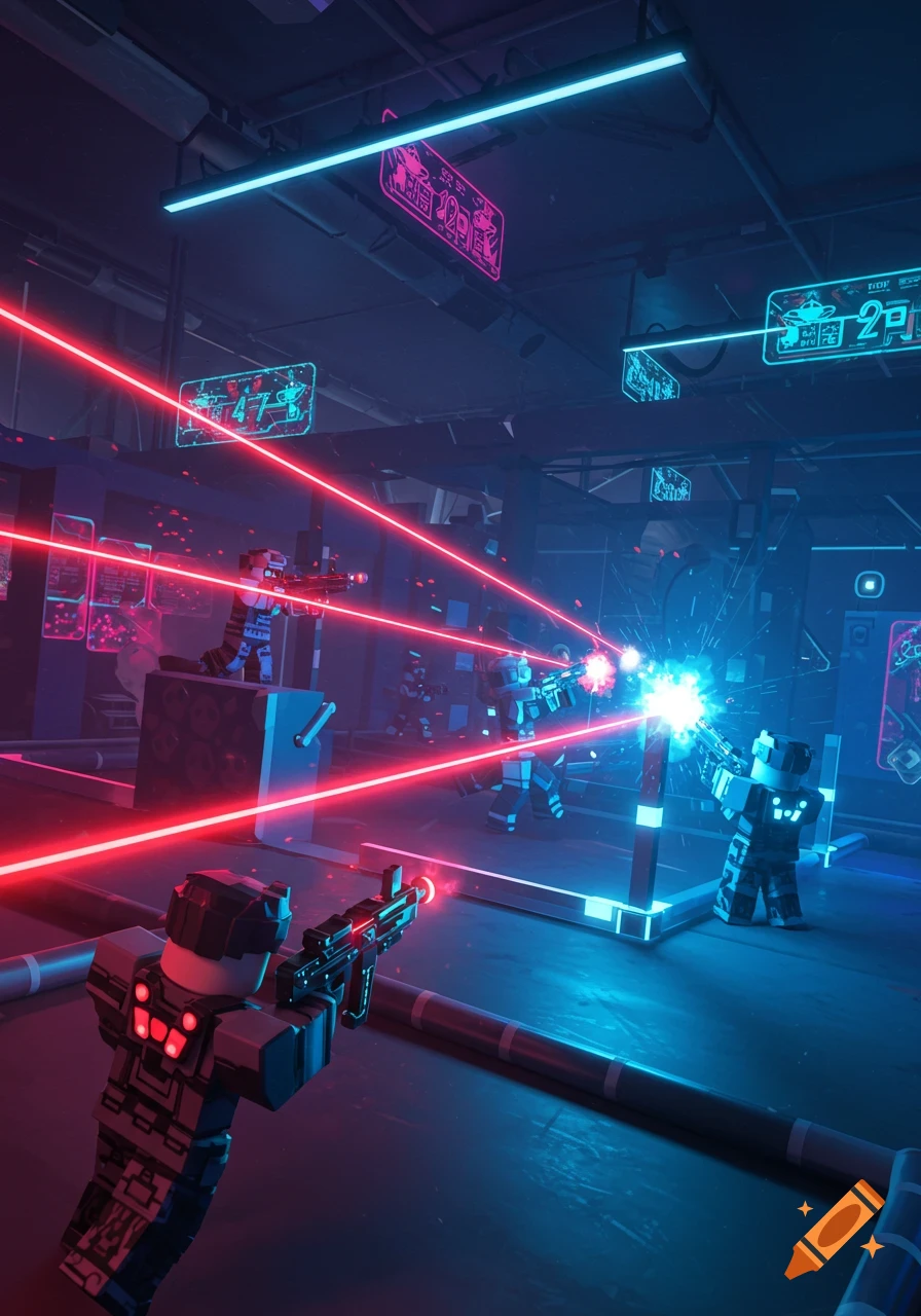 Blocky characters engage in a laser tag battle in a neon-lit futuristic arena, with red and blue lasers crisscrossing.