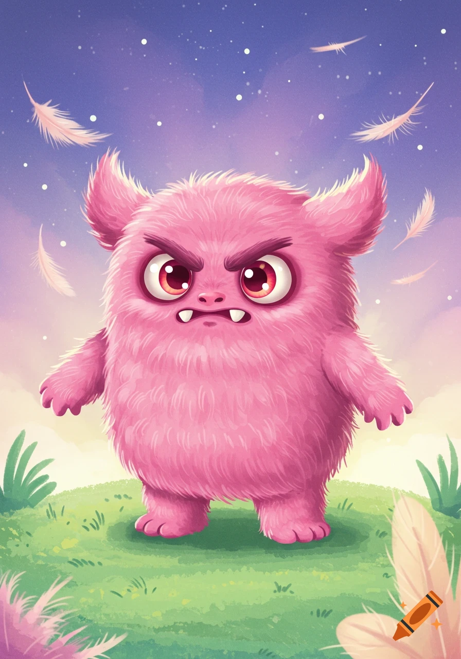 An angry, cute, fluffy pink monster stands on green grass under a purple sky with floating feathers, cartoon style.
