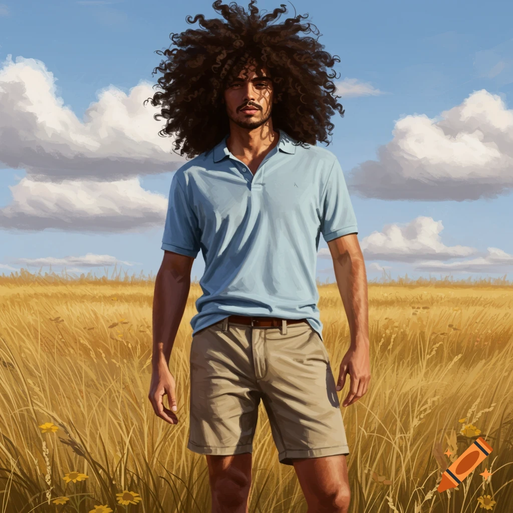 A man with large curly hair, wearing a light blue polo and khaki shorts, stands in a golden field under a blue sky.