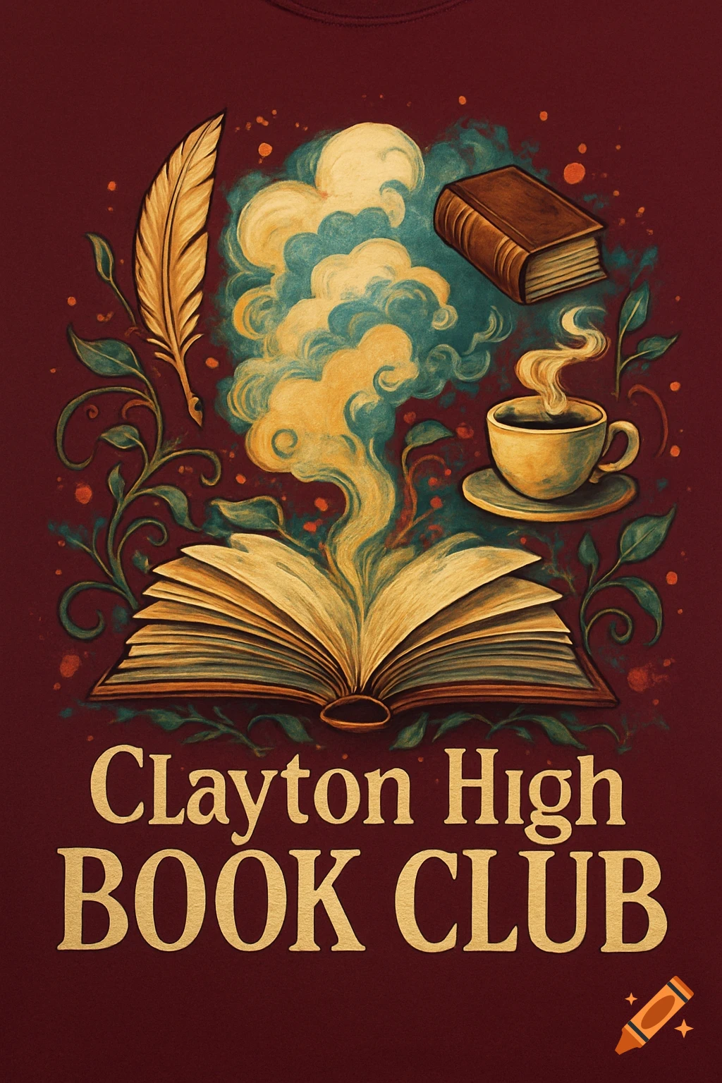 A dark red t-shirt design with an open book, quill, closed book, and steaming teacup surrounded by vines and golden smoke. Text reads 'Clayton High BOOK CLUB'.