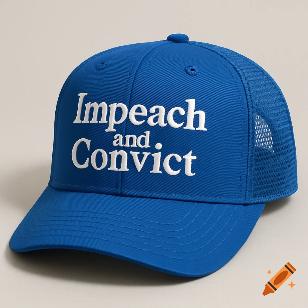 A blue trucker's cap with white text "Impeach and Convict" on the front.