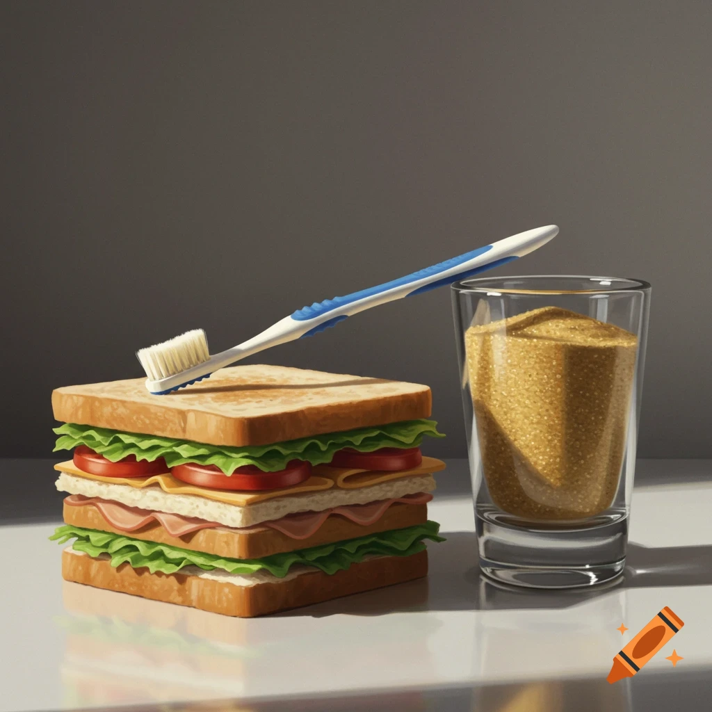 A photorealistic still life featuring a stacked sandwich with a toothbrush resting on top, beside a glass full of golden sand.