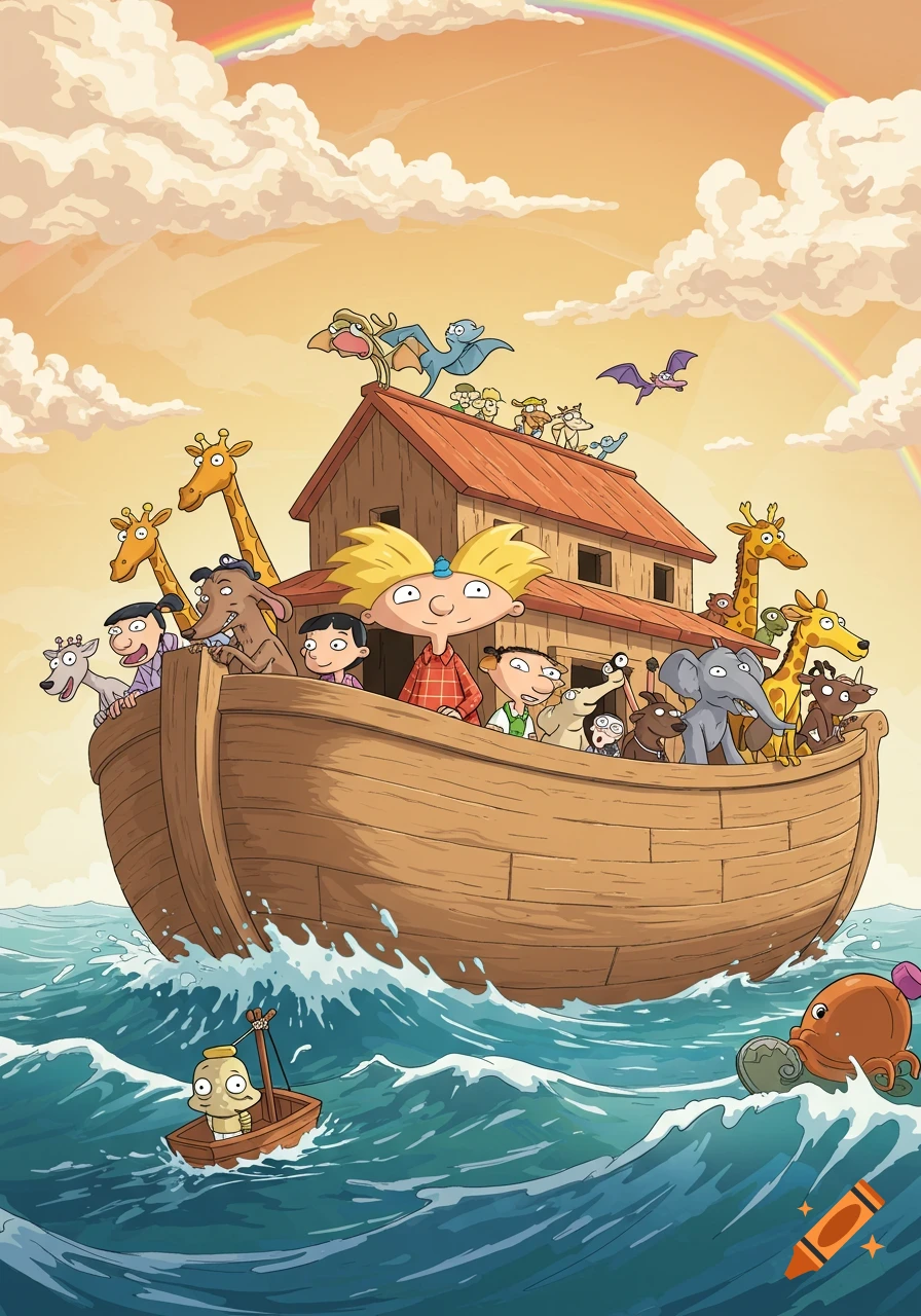 Hey Arnold! characters and animals on Noah's Ark, sailing on a stormy sea under a sky with a rainbow.