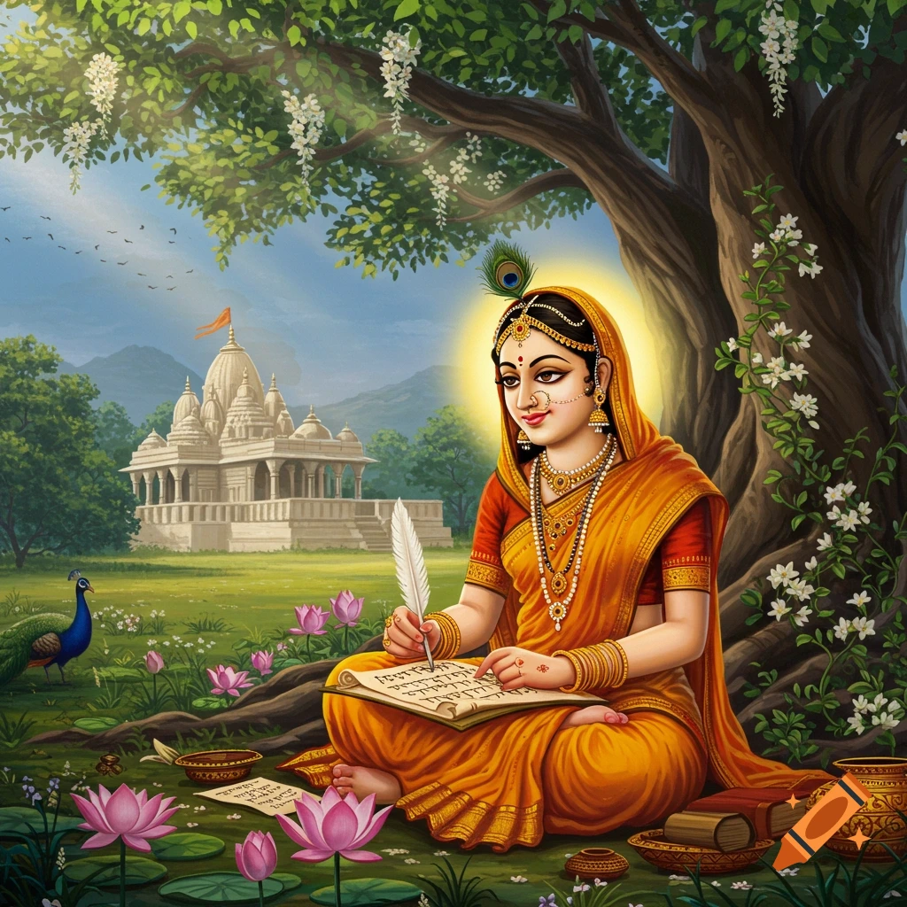 A woman in a vibrant orange sari sits under a large tree, writing on paper with a quill, with lotus flowers, a peacock, and a temple in the background.