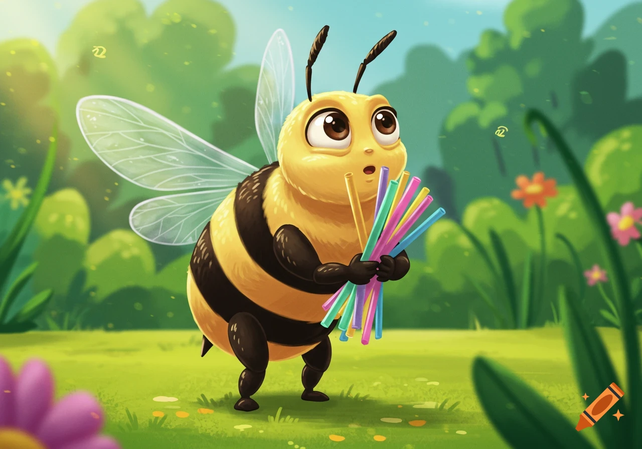 A cute cartoon honeybee holds a bundle of colorful straws in a sunny green garden.