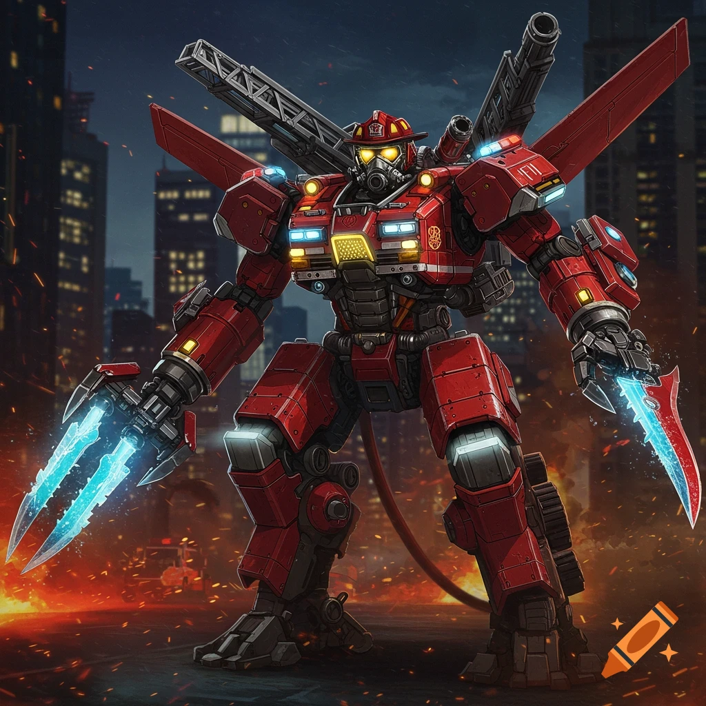 A powerful red firefighter mech with a helmet, glowing visor, and sharp blue energy blades stands in a burning city at night, illustrated in a detailed concept art style.