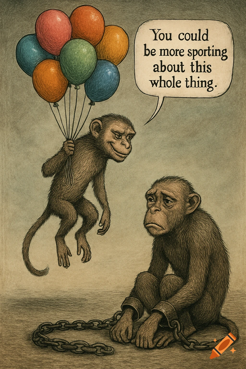 A satirical digital painting of a monkey floating with balloons telling a chained monkey, "You could be more sporting about this whole thing."