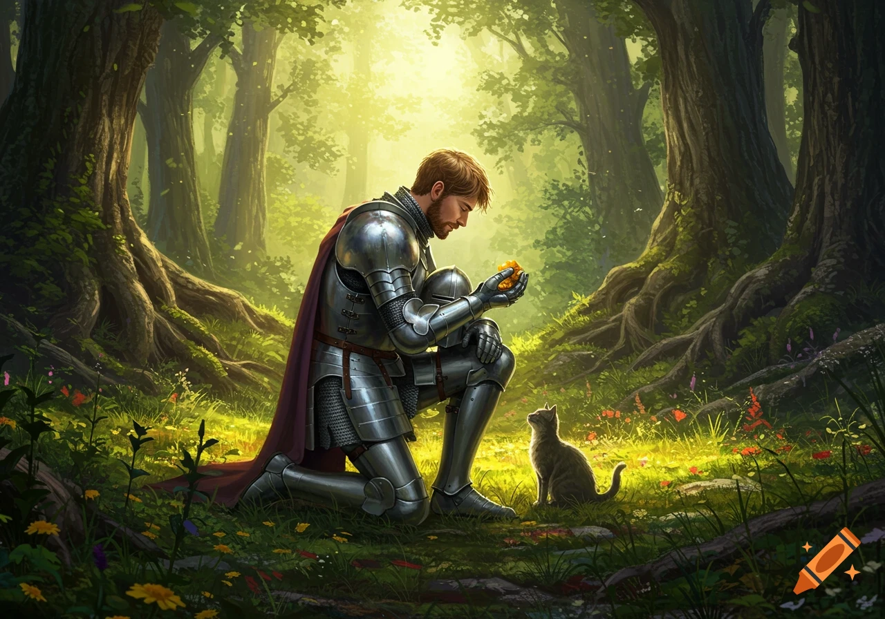 A knight in shining armor kneels in a lush, sunlit fantasy forest, holding an orange glowing object while a cat sits nearby.