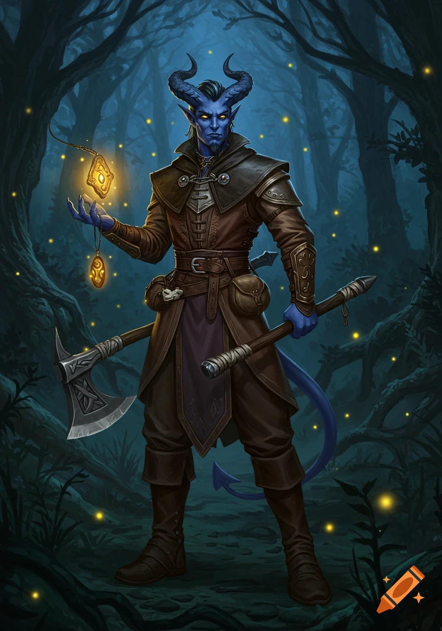 A blue-skinned Tiefling man with horns and a tail, dressed in leather armor, holds a glowing amulet and a hatchet in a dark, enchanting forest with fireflies.