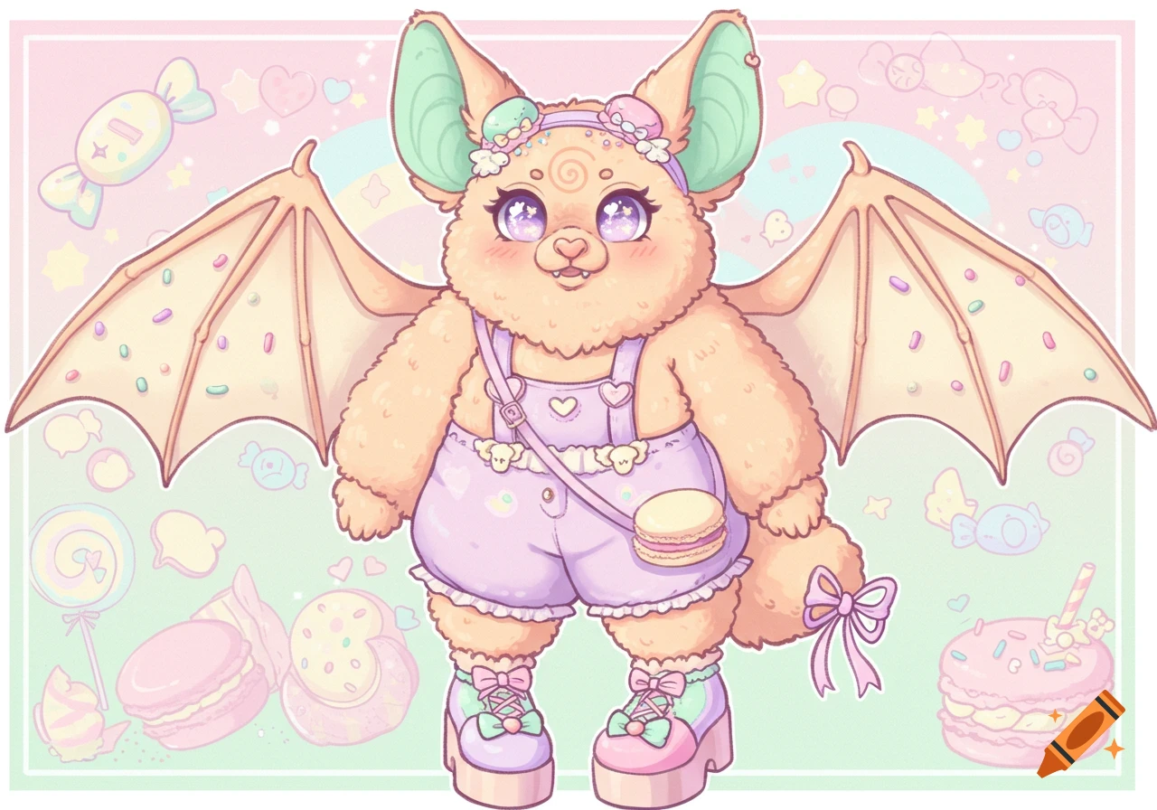 A cute, pastel anthropomorphic fruit bat in lavender overalls, with sprinkled wings and large sparkly eyes, surrounded by candies.