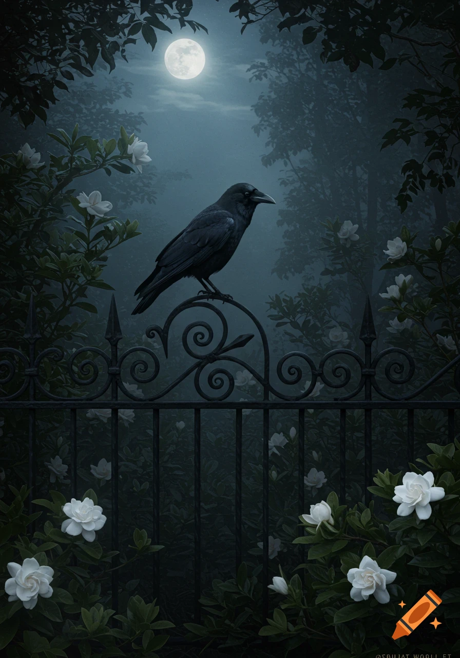 A dark crow perches atop a black ornate metal fence in a moonlit, misty garden with white gardenia flowers.