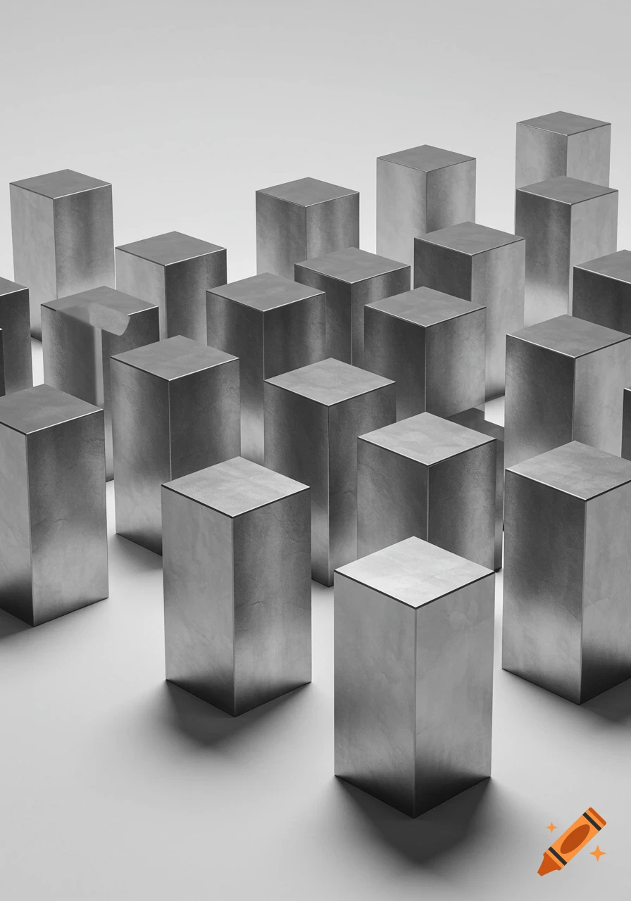 A monochrome rendering of multiple metallic rectangular prisms of varying heights, casting shadows on a light surface.
