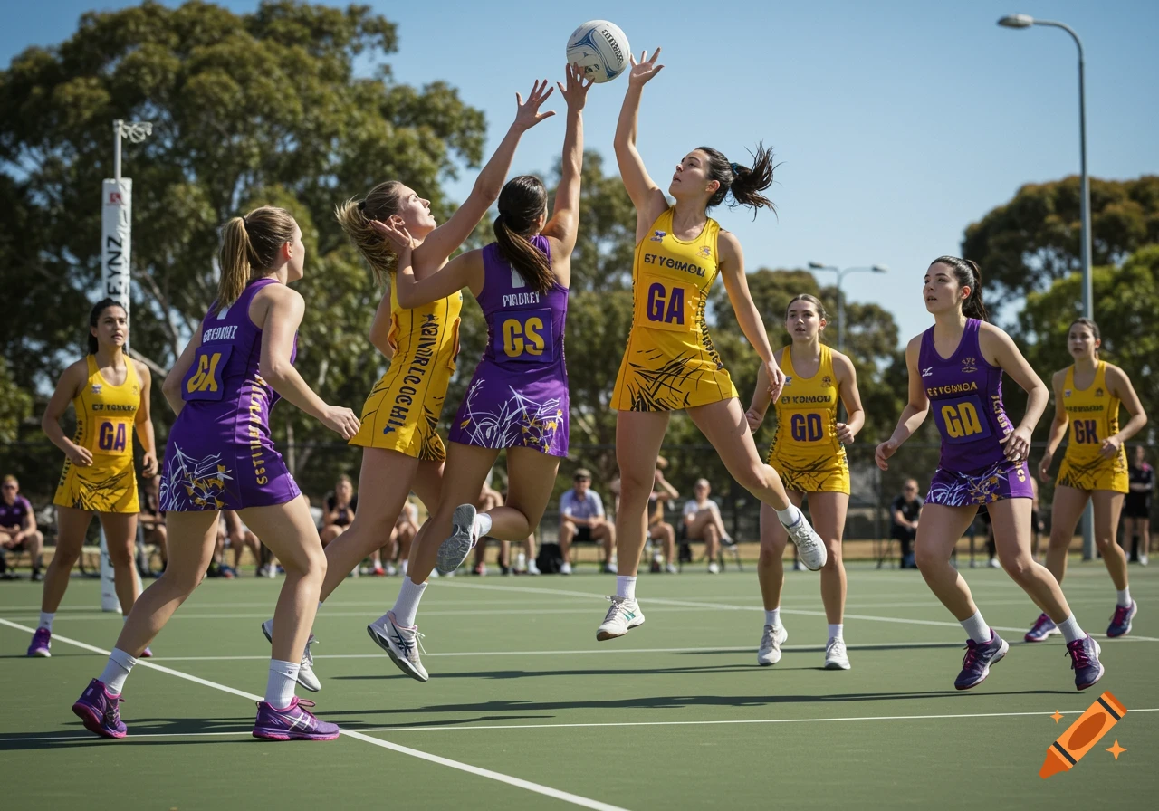 Photorealistic image of women playing netball on a green court. Players in yellow and purple uniforms jump for the ball.