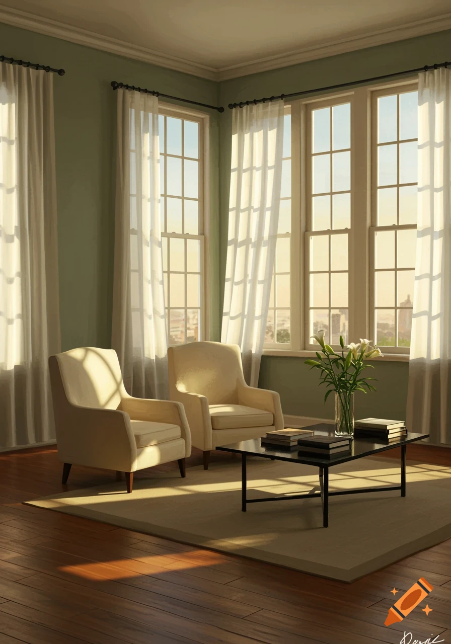 A sunlit room with two armchairs, a coffee table with books and flowers, and large windows with sheer curtains.