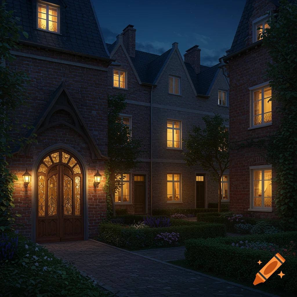 A photorealistic nighttime view of brick houses with illuminated windows and a large wooden door, surrounded by a lush garden and paved path.
