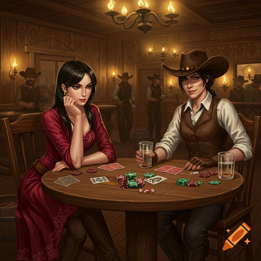 Two women, one in a red dress and one in a cowboy hat, play cards at a wooden table in a dimly lit Western saloon.