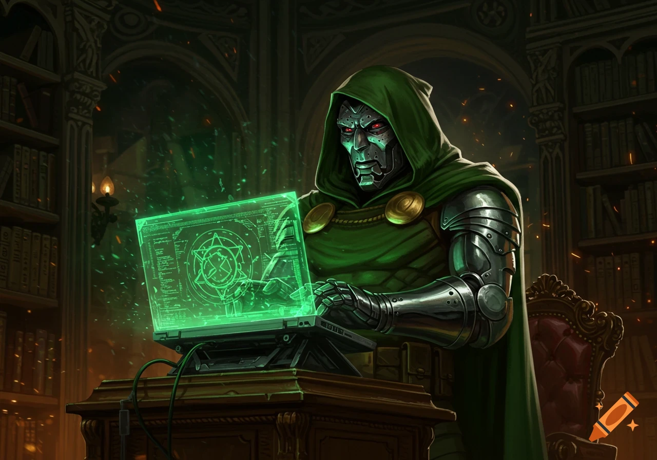 Doctor Doom, in his green cloak and metal mask, sits in a dark library, intently typing on a glowing green holographic laptop.