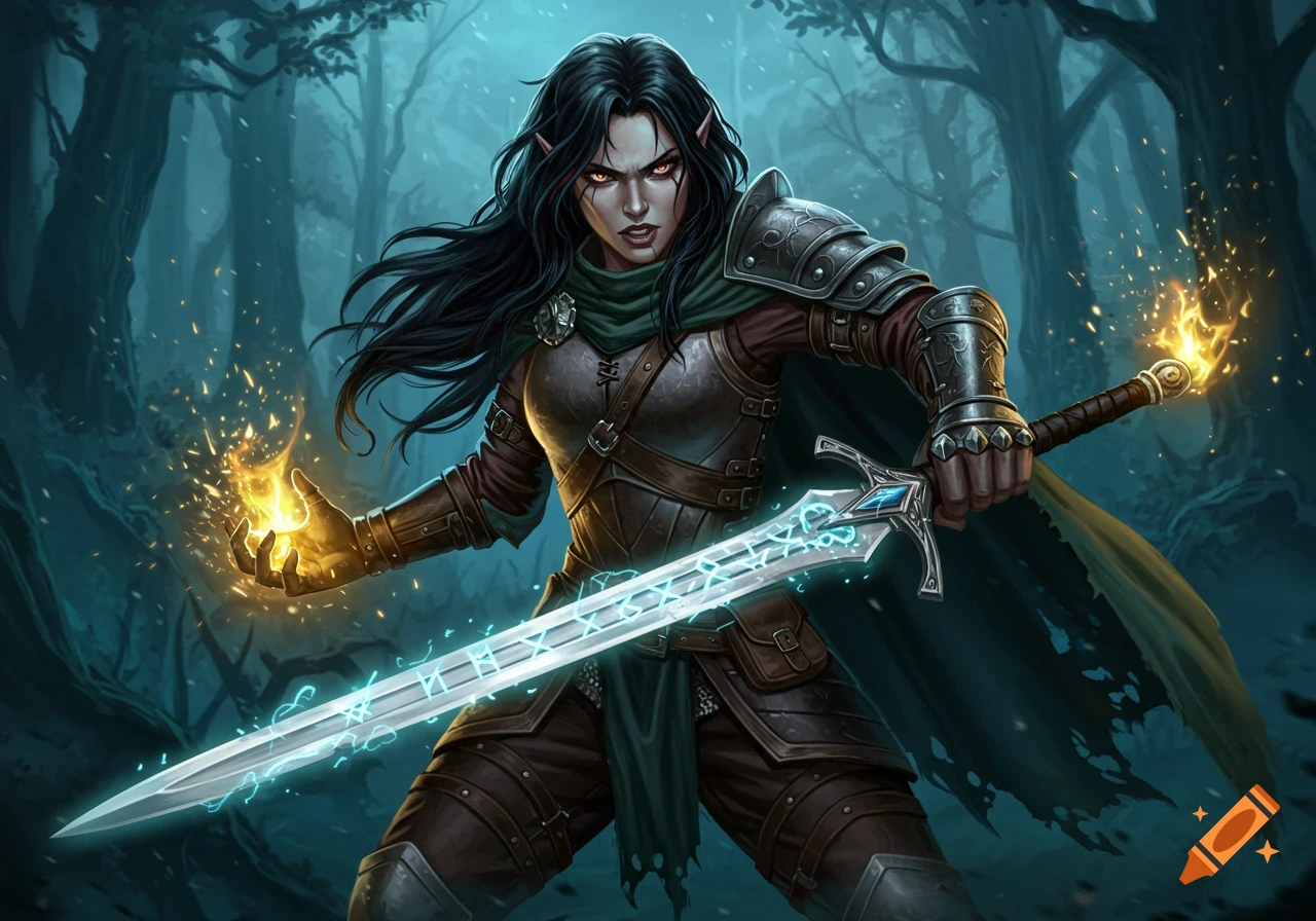 A dark-haired female elf warrior in armor holds a glowing sword and casts fire magic in a dark forest, digital art.