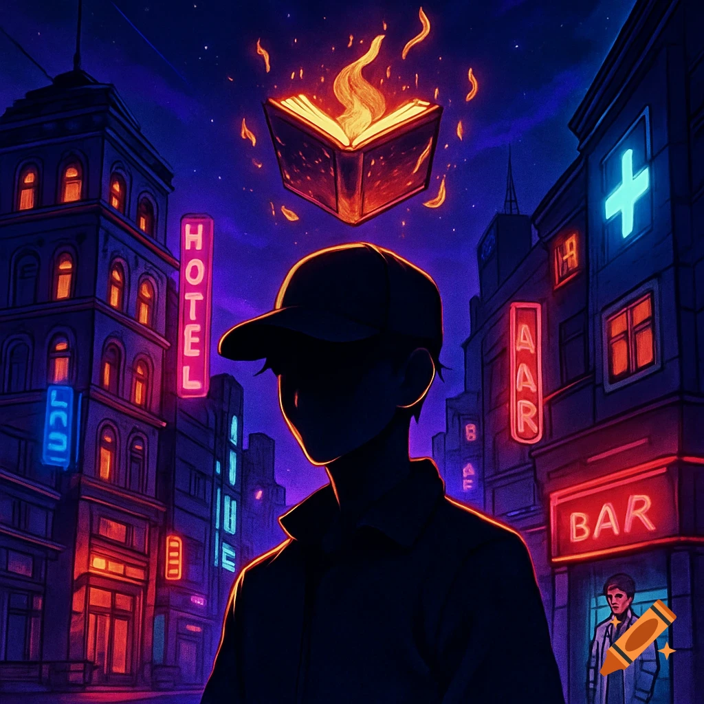 A silhouette of a man in a cap stands in a neon-lit city at night, with a fiery, glowing book floating above his head, in an anime style.