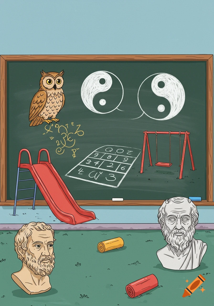 A cartoon chalkboard drawing depicts an owl, two yin-yang symbols, a hopscotch grid, a slide, a swing set, and two philosopher busts on the grass. The style is bright and doodle-like.