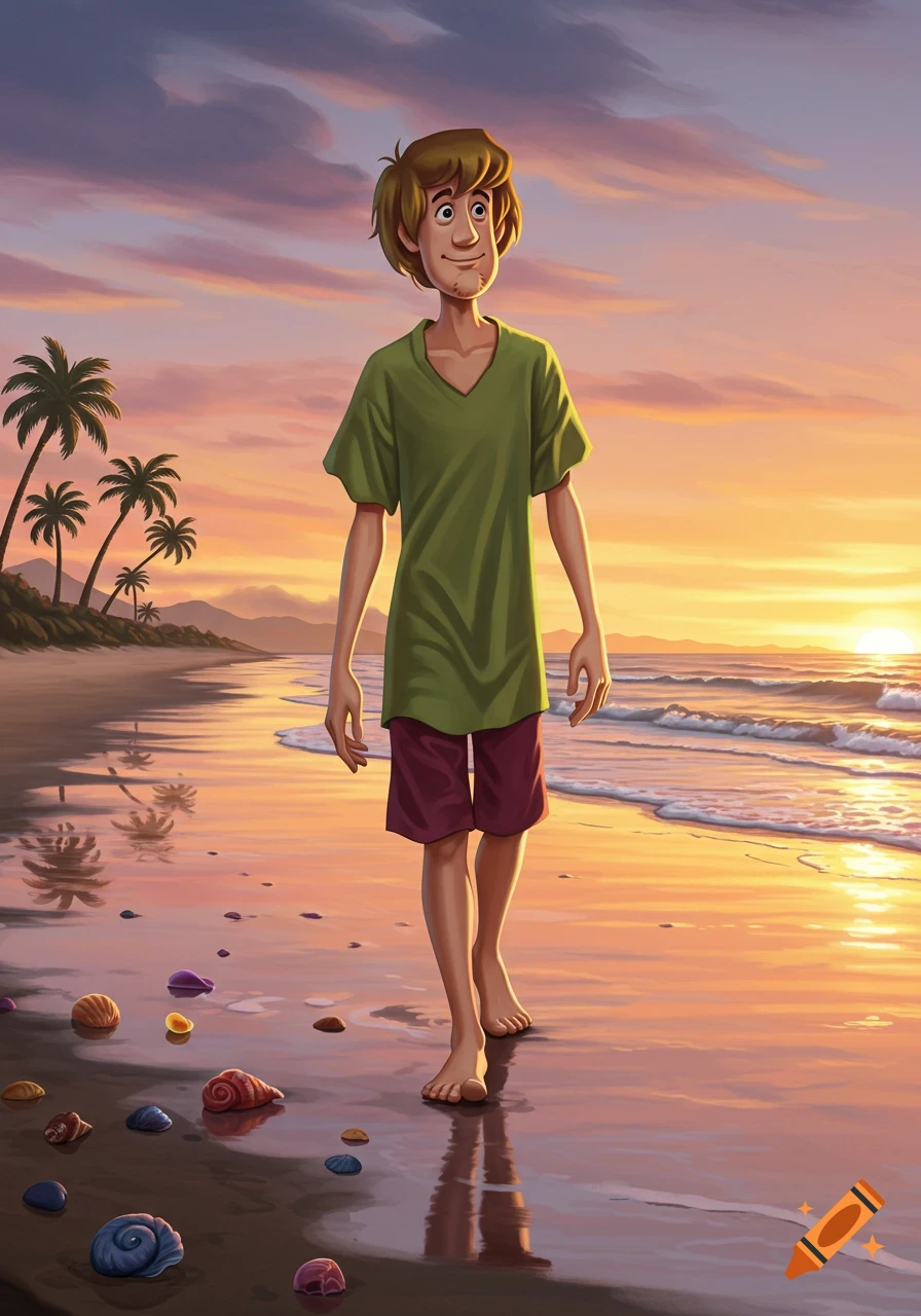 Shaggy from Scooby-Doo walks barefoot on a sandy beach at sunset, with palm trees in the background.