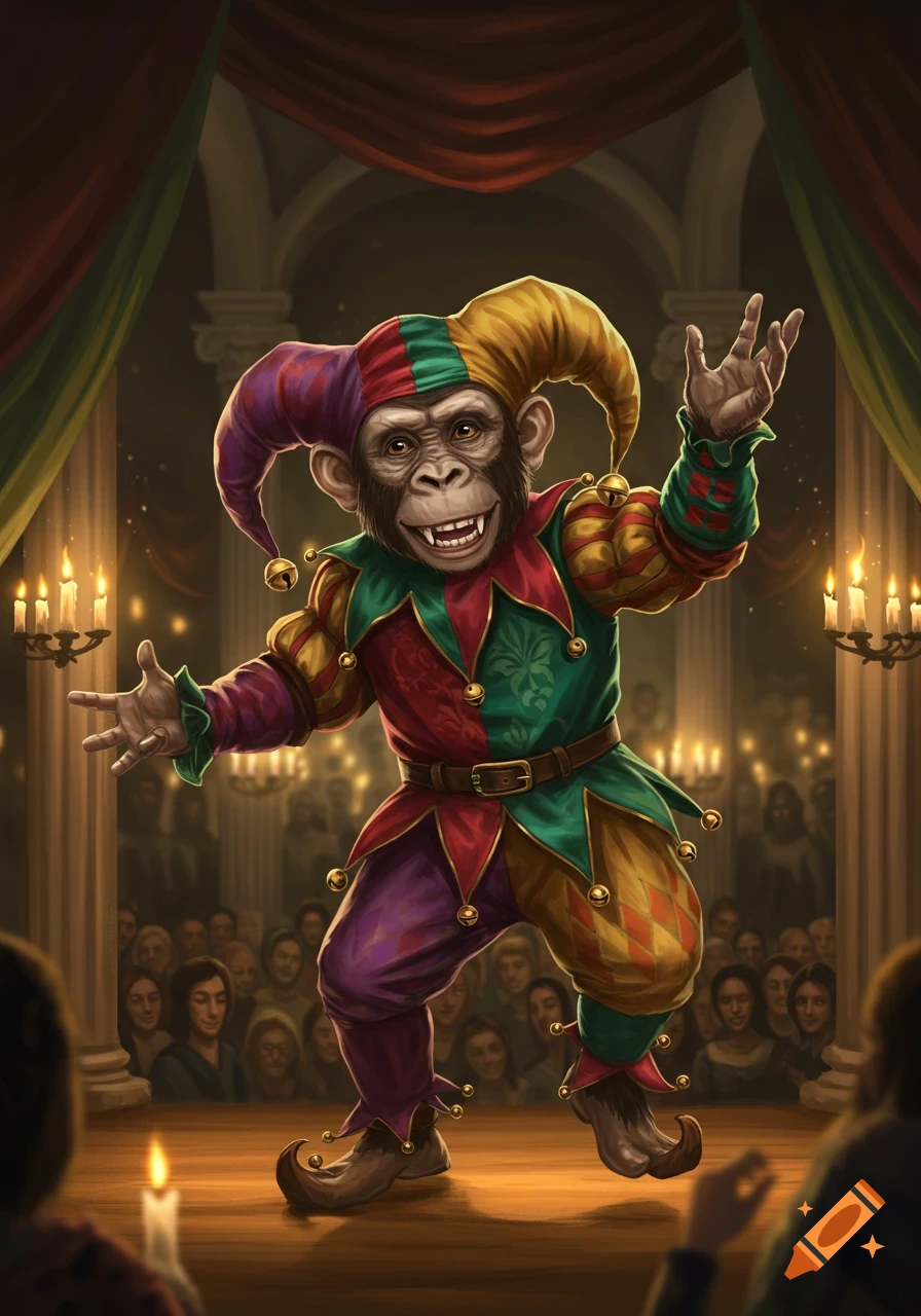 A chimpanzee in a colorful jester costume performs on a candlelit stage before an audience.
