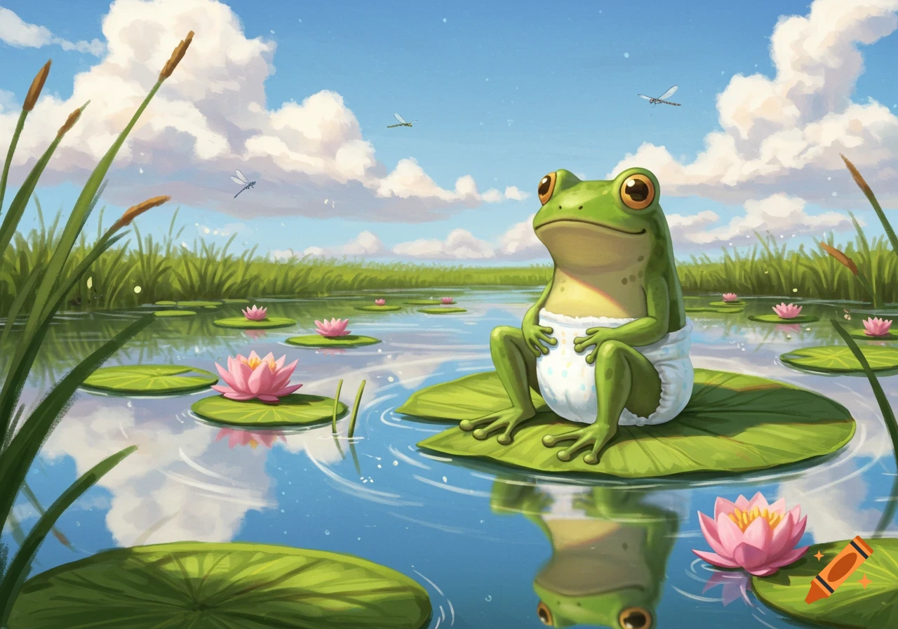 A cute cartoon frog wearing a white diaper sits on a large green lily pad in a pond with pink water lilies, under a bright blue sky.
