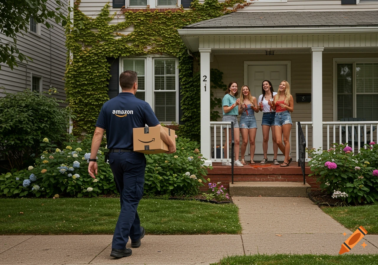 A photorealistic image of an Amazon delivery driver bringing a package to a house, where four young women covered in ketchup wait on the porch.