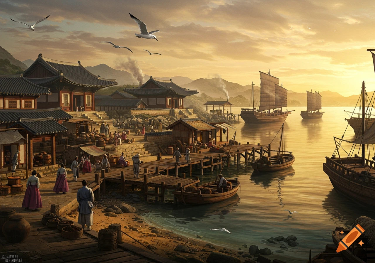 A vibrant illustration of a traditional Joseon era Korean port at sunset, with ships, wooden buildings, and people bustling along the docks.