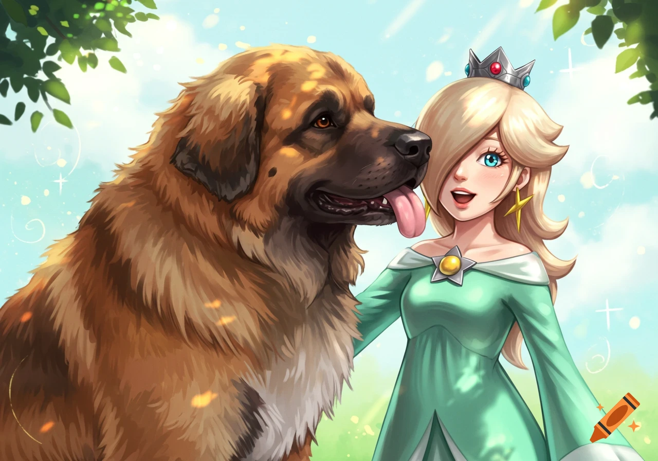 An illustration of Rosalina from Mario with a large Leonberger dog, outdoors under a blue sky.