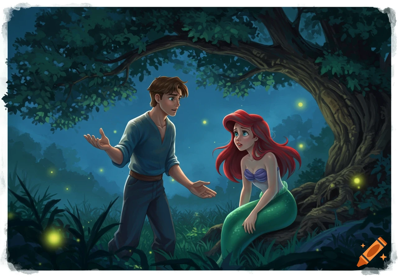 A man and a mermaid, resembling Jim Hawkins and Ariel, stand under a large tree in a moonlit forest with fireflies.