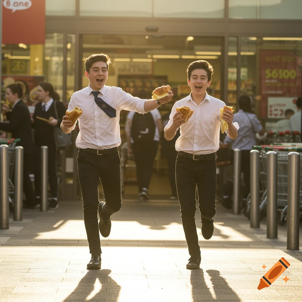 Two teenage boys run excitedly out of a supermarket, holding croissants and sandwiches.