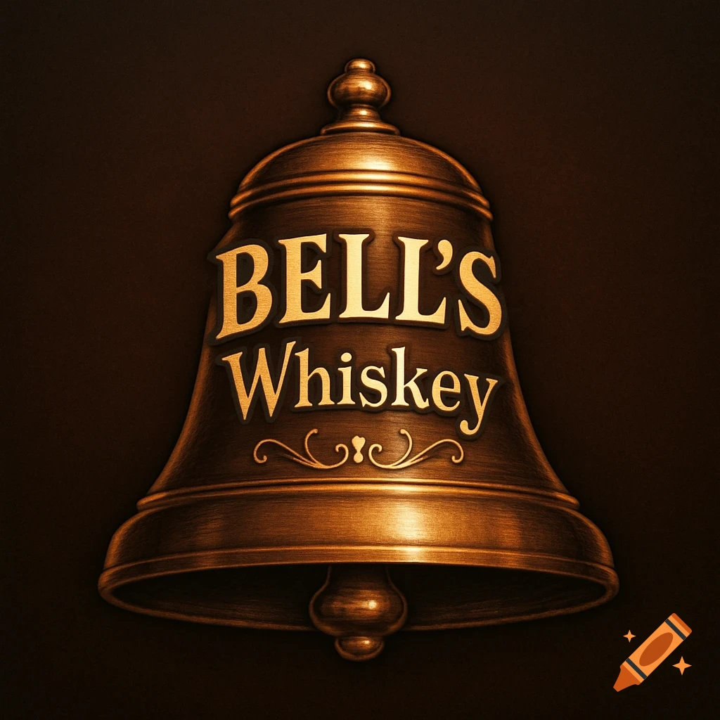A bronze bell with the words 'BELL'S Whiskey' embossed on it, against a dark background.