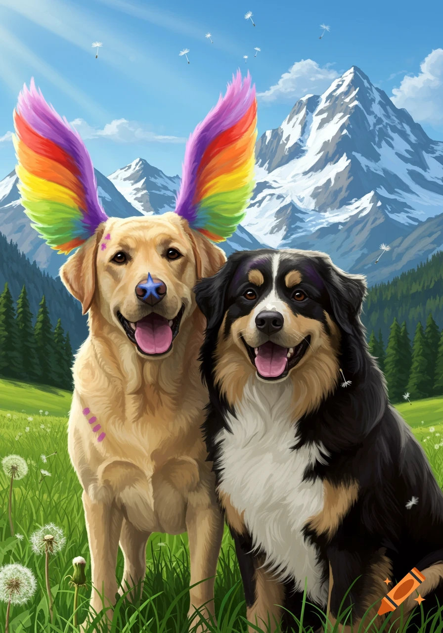 A golden Labrador with rainbow ears and a blue star on its nose, and a black mountain dog, happily posing in a sunny meadow with mountains.