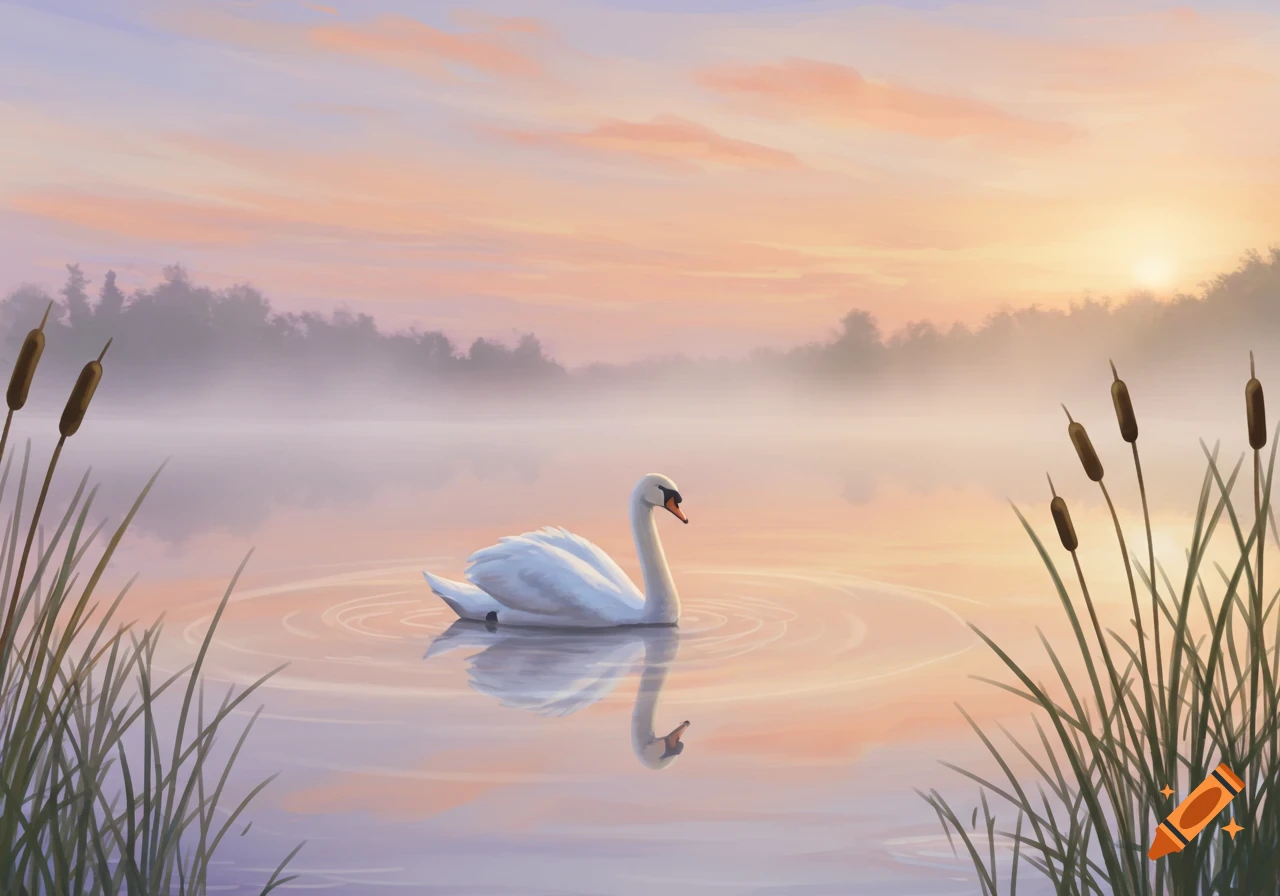A white swan floats on a misty lake at sunrise with reflections and cattails in the foreground, painterly style.