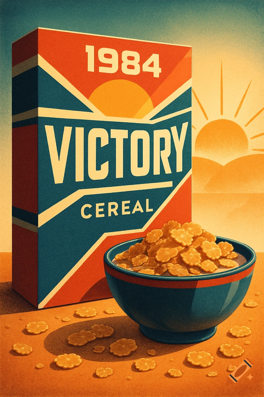 Vintage poster art of a 'Victory Cereal' box and a bowl of cereal, referencing 1984, with a rising sun in the background.