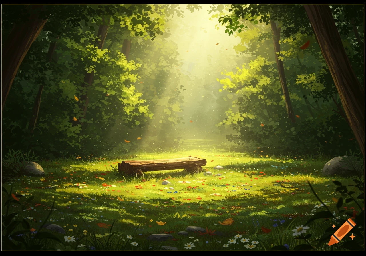 A sunlit forest clearing with a log bench surrounded by vibrant green grass, scattered wildflowers, and dappled sunlight filtering through tall trees.