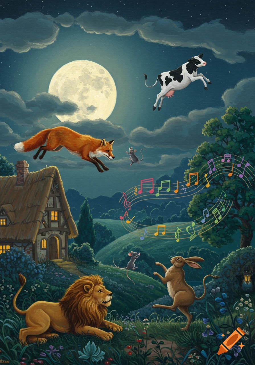 Whimsical night scene with a full moon, a flying cow, a leaping fox, a lion, a dancing hare, and floating musical notes.